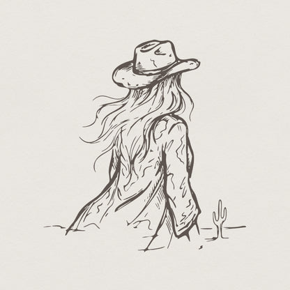 Cowgirl PNG, Western Woman Line Art - 300 DPI Design for T-Shirt