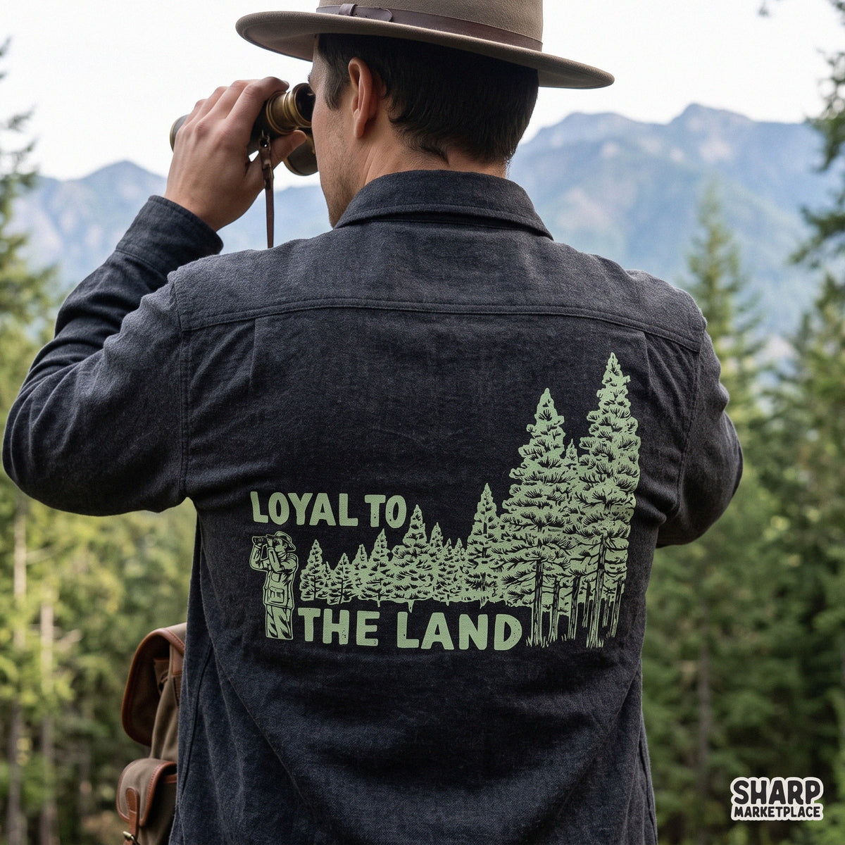Loyal To The Land vintage forest explorer PNG design with pine trees for outdoor camping shirts and tumblers