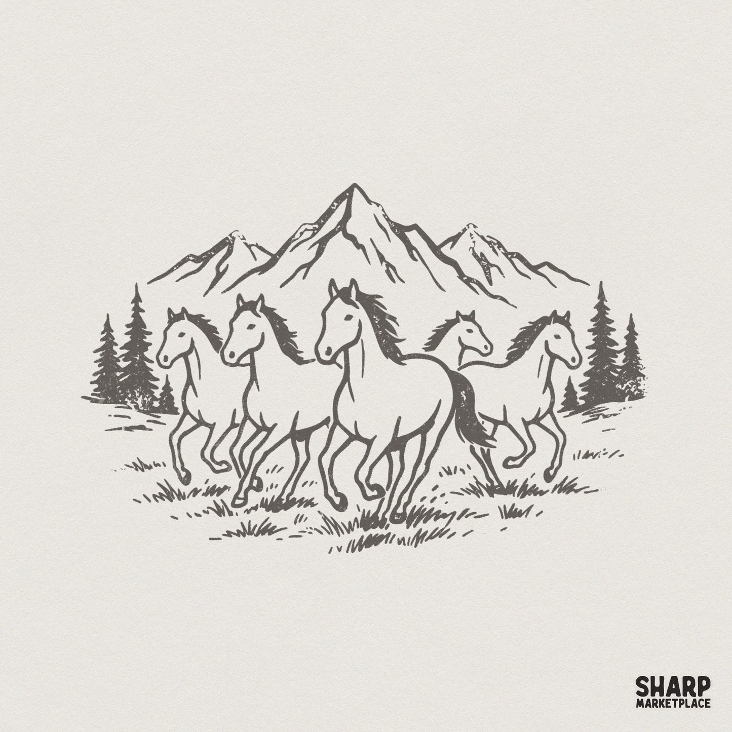 Vintage sketch of five galloping wild horses running in front of mountain peaks and pine trees, charcoal line art on a neutral background.