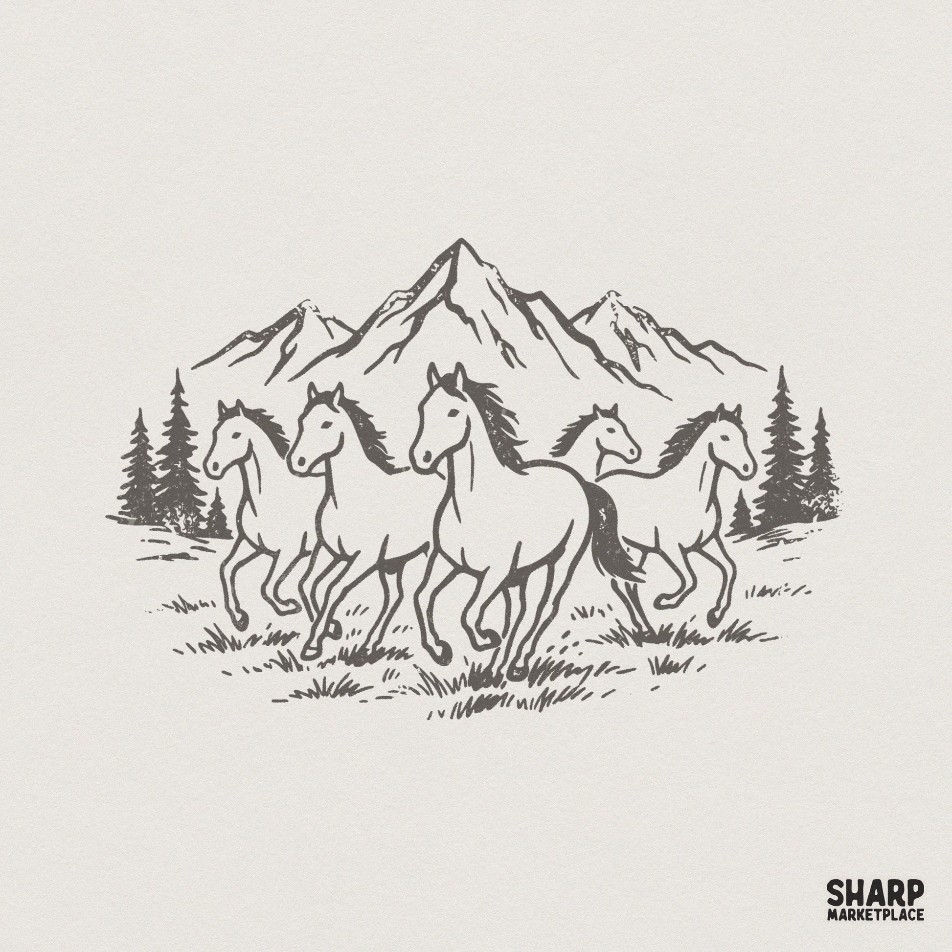Vintage sketch of five galloping wild horses running in front of mountain peaks and pine trees, charcoal line art on a neutral background.