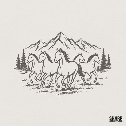 Vintage sketch of five galloping wild horses running in front of mountain peaks and pine trees, charcoal line art on a neutral background.