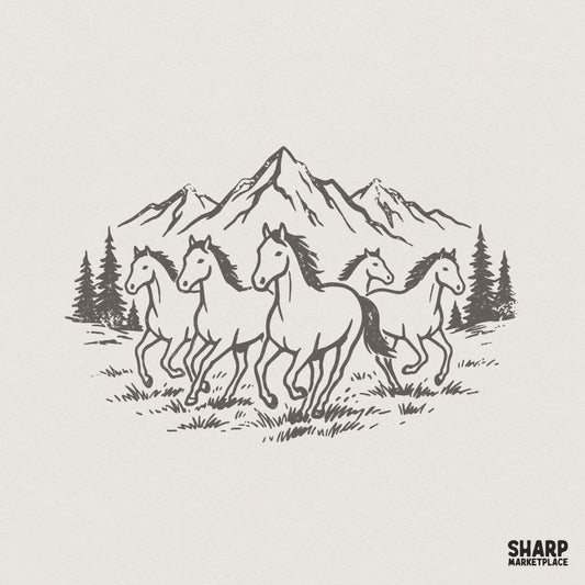 Vintage sketch of five galloping wild horses running in front of mountain peaks and pine trees, charcoal line art on a neutral background.