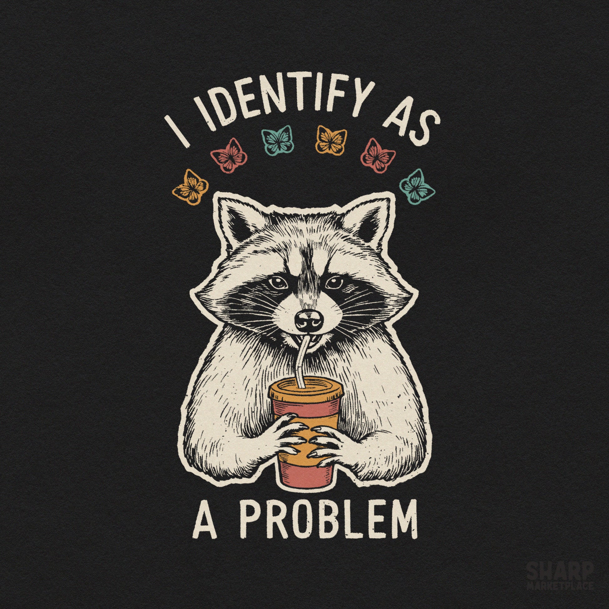 Sarcastic trash panda design with retro coffee butterfly accents for sublimating custom t-shirts and apparel