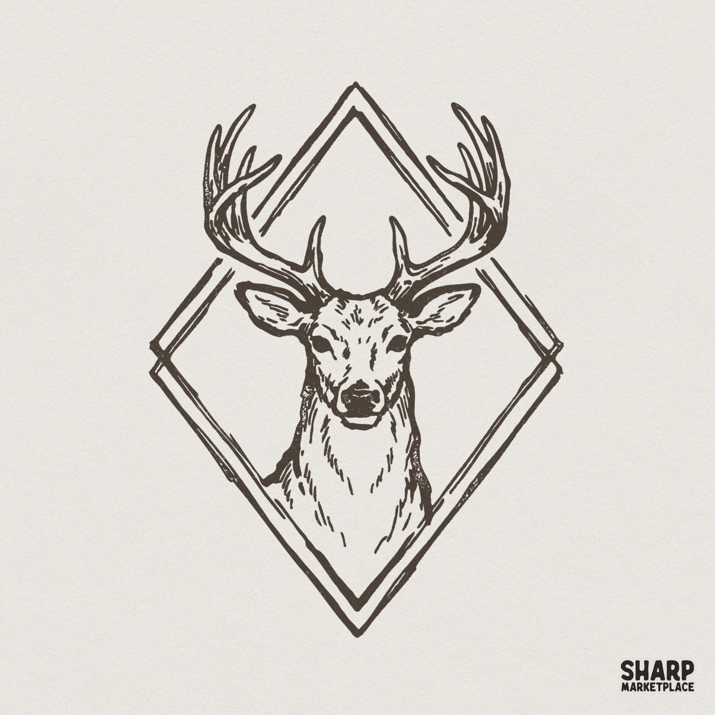 Vintage style deer head illustration with detailed antlers inside a rustic double diamond geometric frame, brown ink sketch for nature apparel.