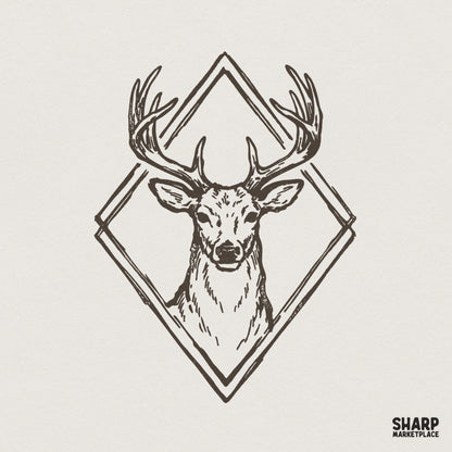 Vintage style deer head illustration with detailed antlers inside a rustic double diamond geometric frame, brown ink sketch for nature apparel.