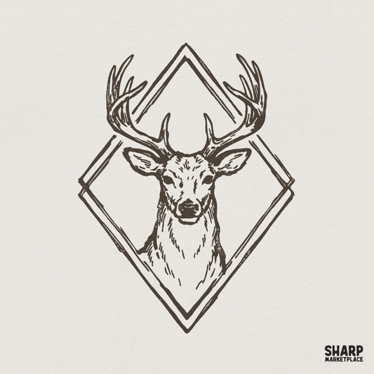 Vintage style deer head illustration with detailed antlers inside a rustic double diamond geometric frame, brown ink sketch for nature apparel.