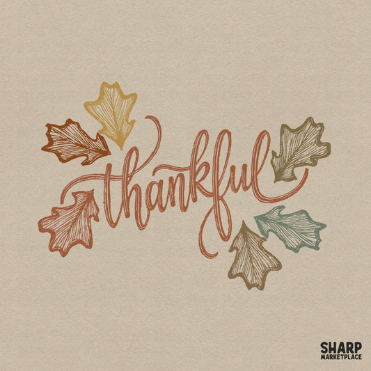 Thankful elegant lettering with autumn leaves for Thanksgiving sublimation on fall apparel and cozy home decor items