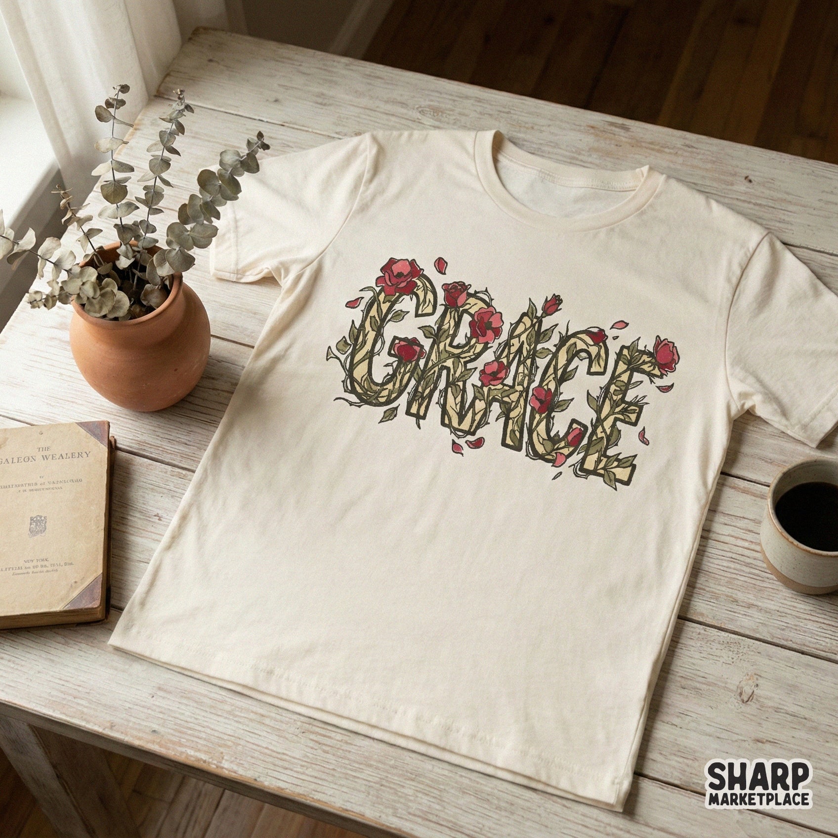 Grace Floral Word Art Shirt, Botanical Rose Tee - 300 DPI Design for