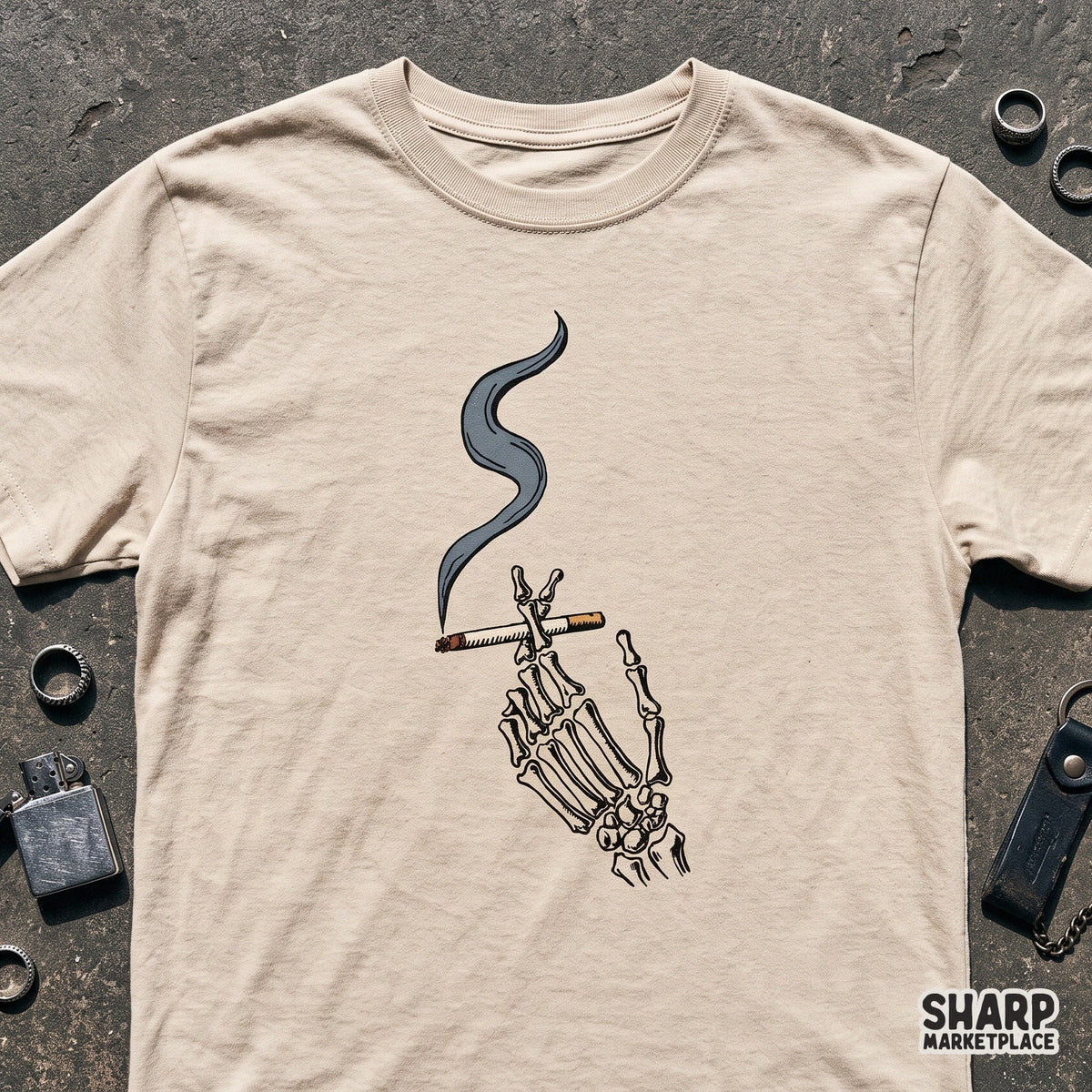 Gothic skeleton hand holding a cigarette PNG graphic for edgy spooky season streetwear and Halloween apparel