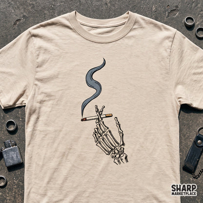 Gothic skeleton hand holding a cigarette PNG graphic for edgy spooky season streetwear and Halloween apparel