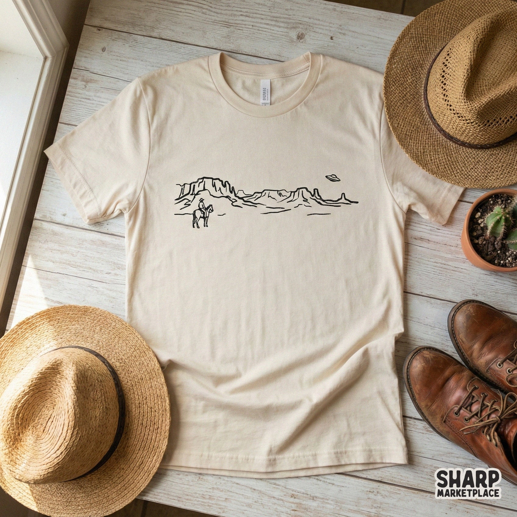 Minimalist Western Cowboy UFO PNG, Alien Desert Shirt Design - 300 DPI