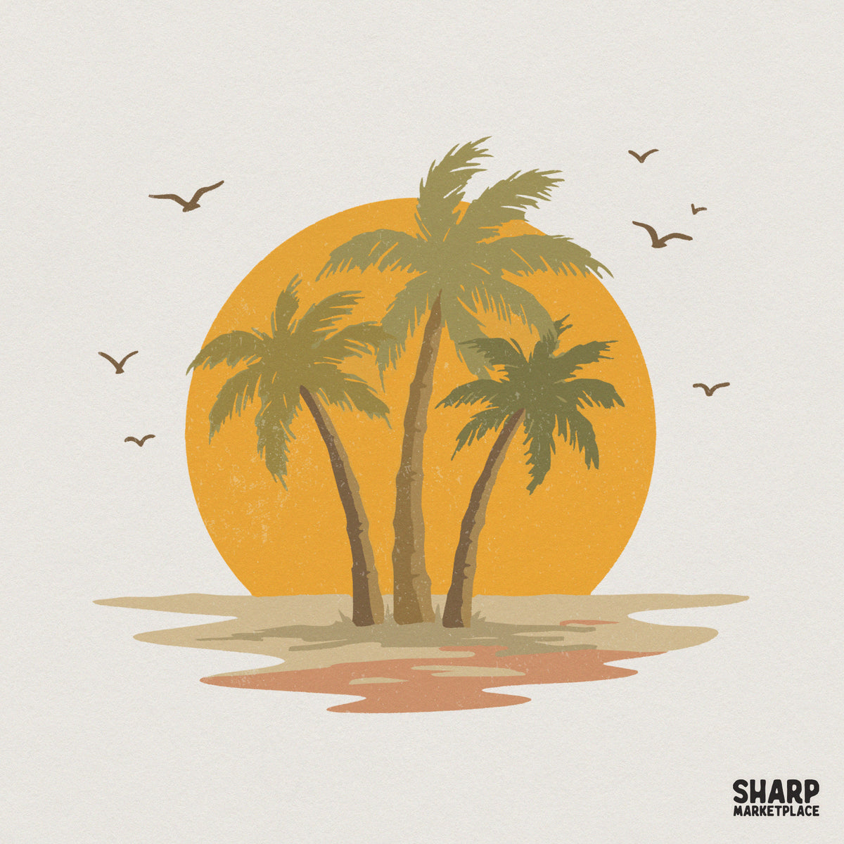 Retro tropical beach scene with three palm trees silhouetted against a large golden sun, featuring distressed textures for summer apparel printing.
