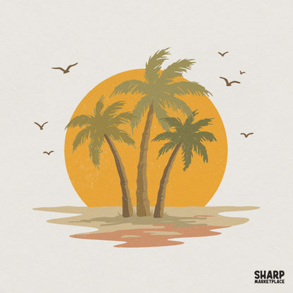 Retro tropical beach scene with three palm trees silhouetted against a large golden sun, featuring distressed textures for summer apparel printing.