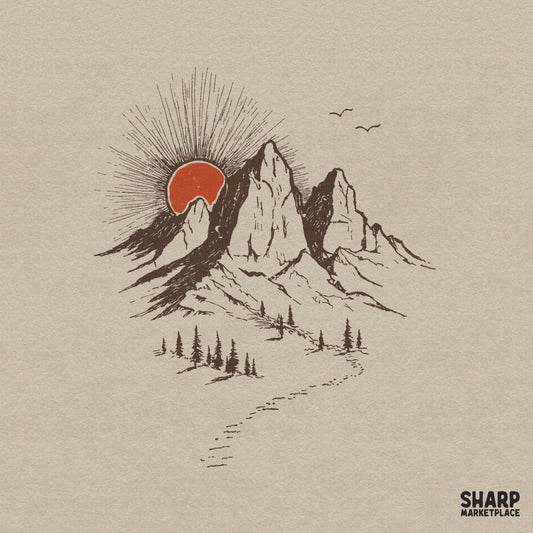 Vintage mountain sunrise landscape with a winding trail and pine forest, perfect for nature-themed apparel, camping shirts, and outdoor DIY crafts.