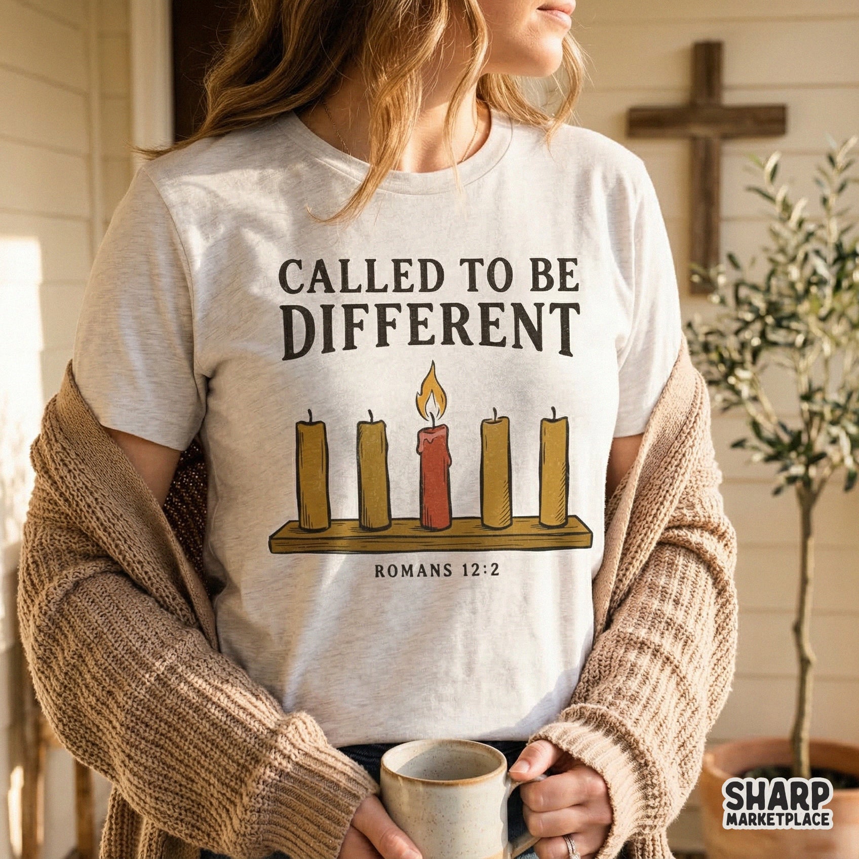 Inspirational faith-based graphic with a red lit candle standing out among four tan candles, text reads Called To Be Different, ideal for DIY shirt printing.