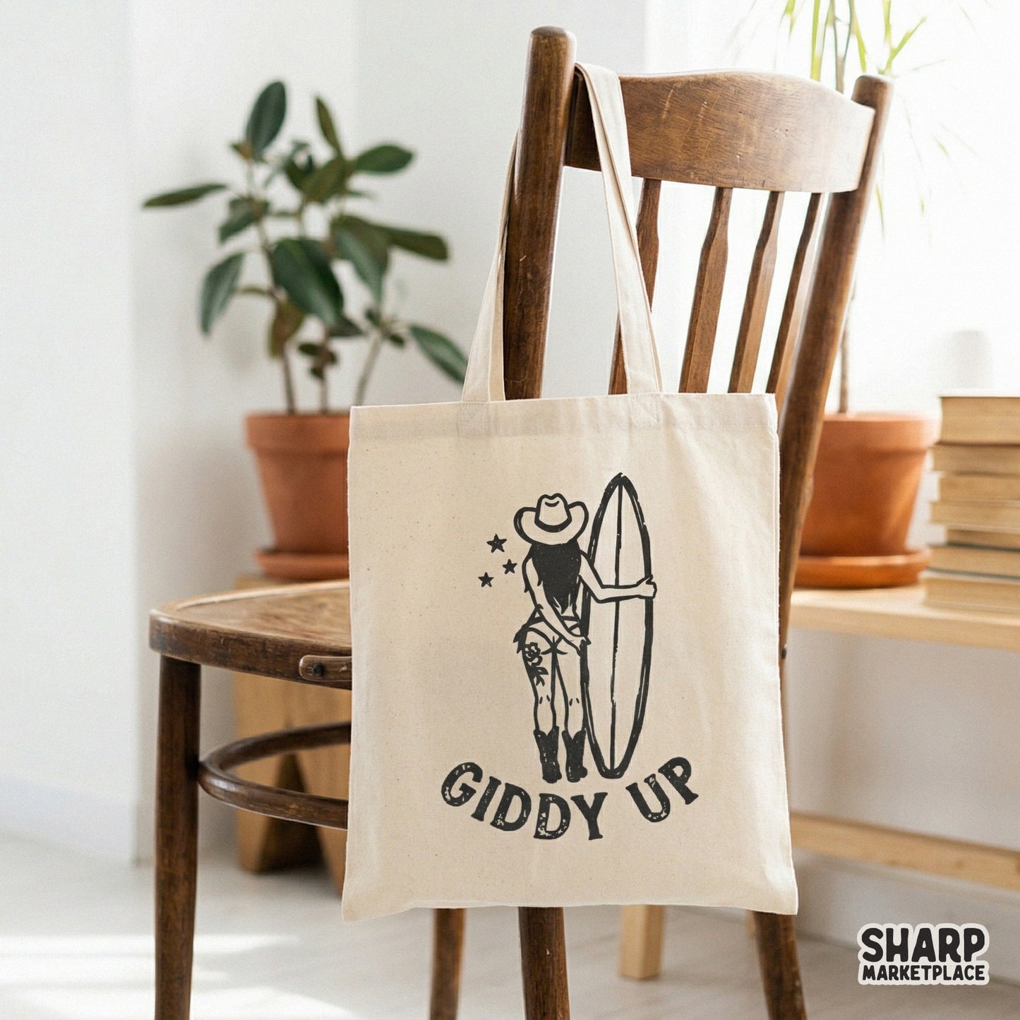 Coastal cowgirl illustration featuring a surfboard and western boots with stars and Giddy Up text, ideal for custom beach shirts and stickers.