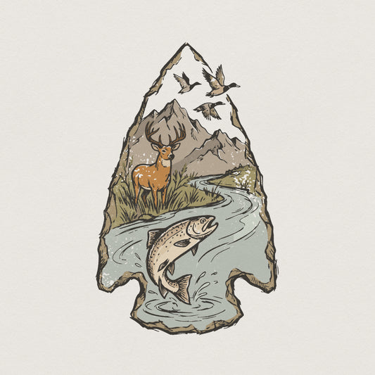 Deer and Fish Arrowhead PNG, Nature Mountain Scene - 300 DPI Design for