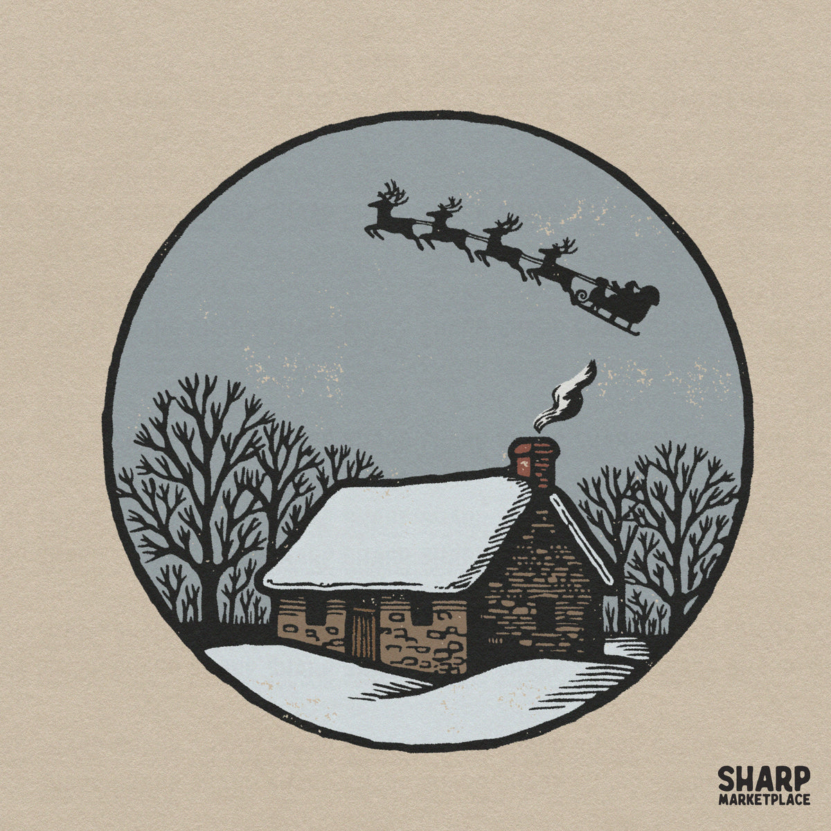 Rustic winter cabin with flying Santa sleigh block print design for Christmas t-shirts and retro winter png sublimation