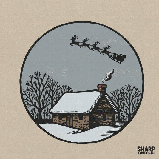 Rustic winter cabin with flying Santa sleigh block print design for Christmas t-shirts and retro winter png sublimation