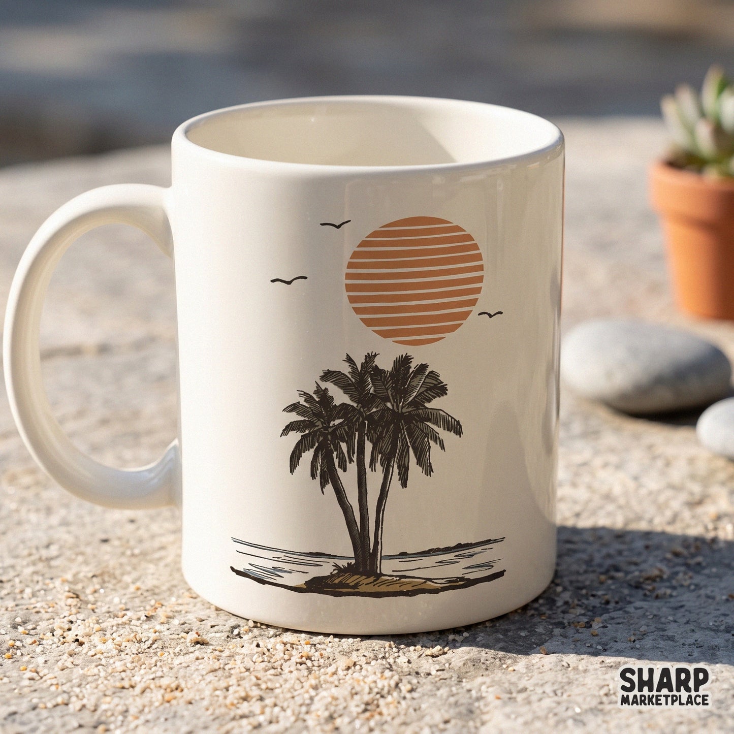 Retro beach sunset with palm trees on an island scene in vintage style for summer sublimation and t-shirt designs