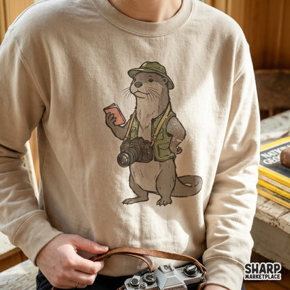 Digital design of a charming river otter explorer dressed in safari gear with a camera, perfect for nature-themed apparel or sticker projects.