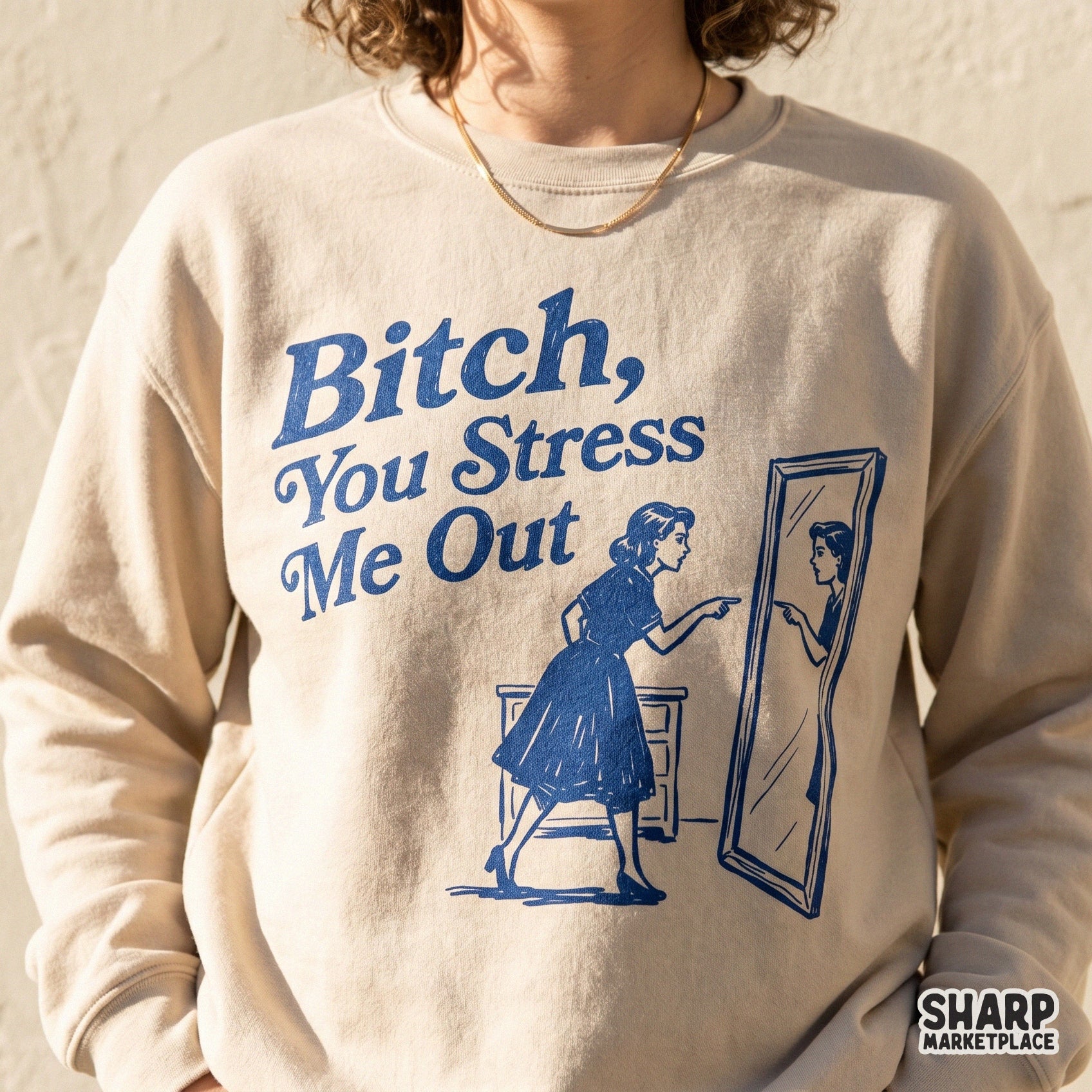Humorous mid-century style graphic with a woman pointing at her reflection in a mirror and the text Bitch You Stress Me Out for custom stickers.