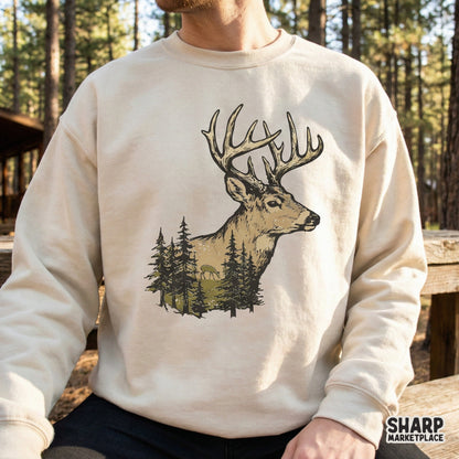 A vintage-inspired buck head design with a woodland forest landscape inside, perfect for nature-themed t-shirt sublimation and outdoor-style DIY projects.
