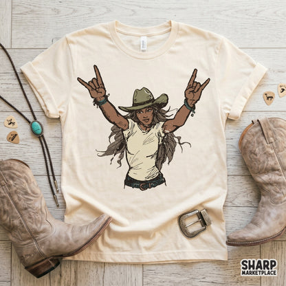 Vintage-inspired western woman design with a rock pose, ideal for creating custom rodeo-themed t-shirts, stickers, or sublimation tumbler projects.
