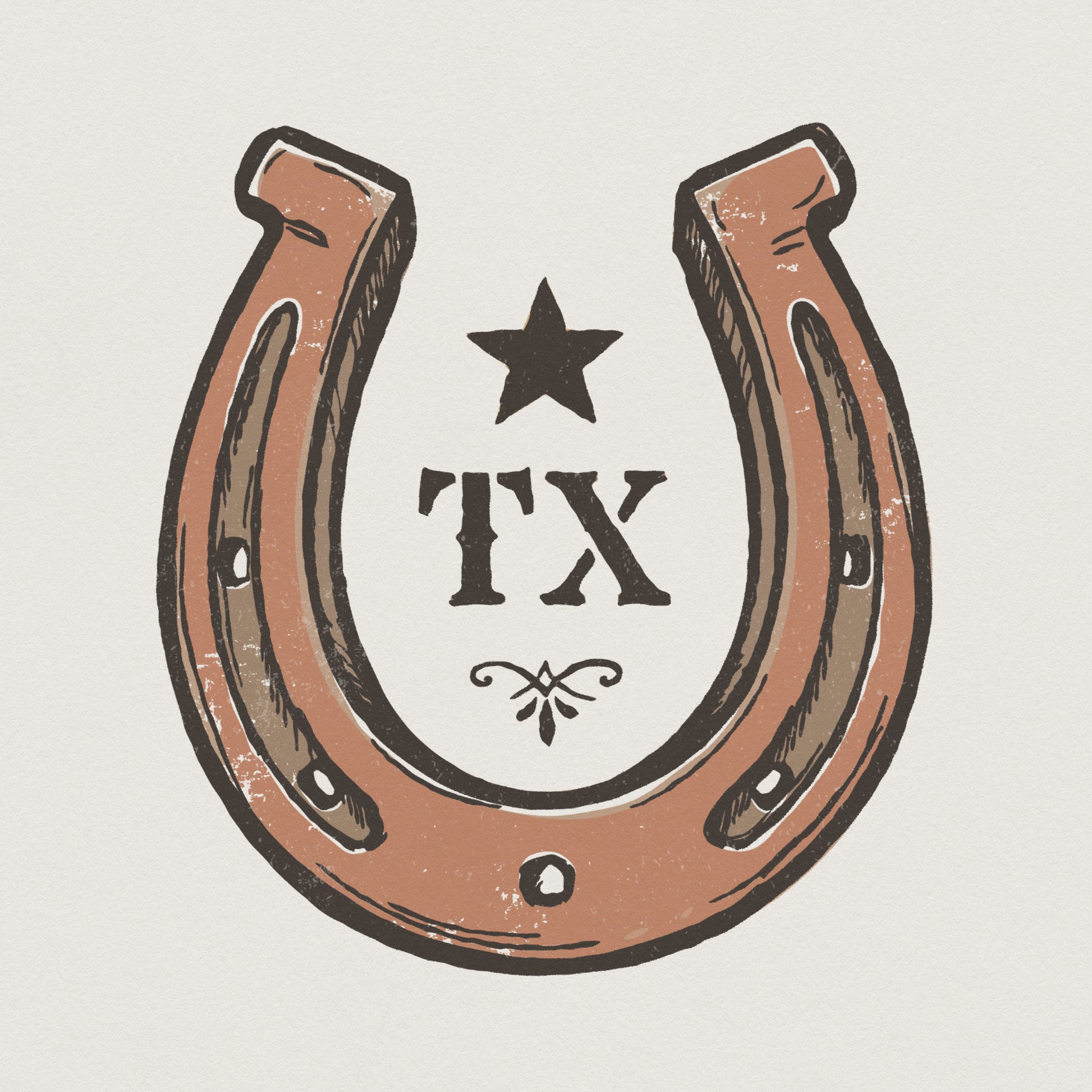 Rustic western horseshoe design with a lone star and TX lettering in vintage brown tones, perfect for sublimation shirts, stickers, and tumblers.