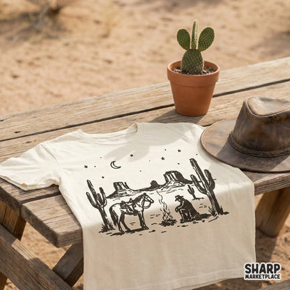 Western Desert Cowboy PNG, Campfire Scene - 300 DPI Design for T-Shirt