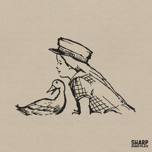 Vintage cottagecore girl with a duck line sketch art for retro sublimation png t-shirt designs