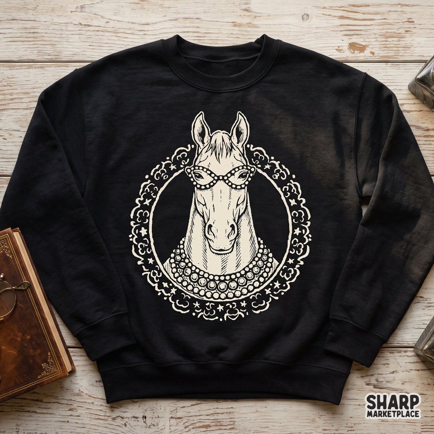 Chic glamour horse wearing a pearl necklace illustration for a vintage equestrian shirt design