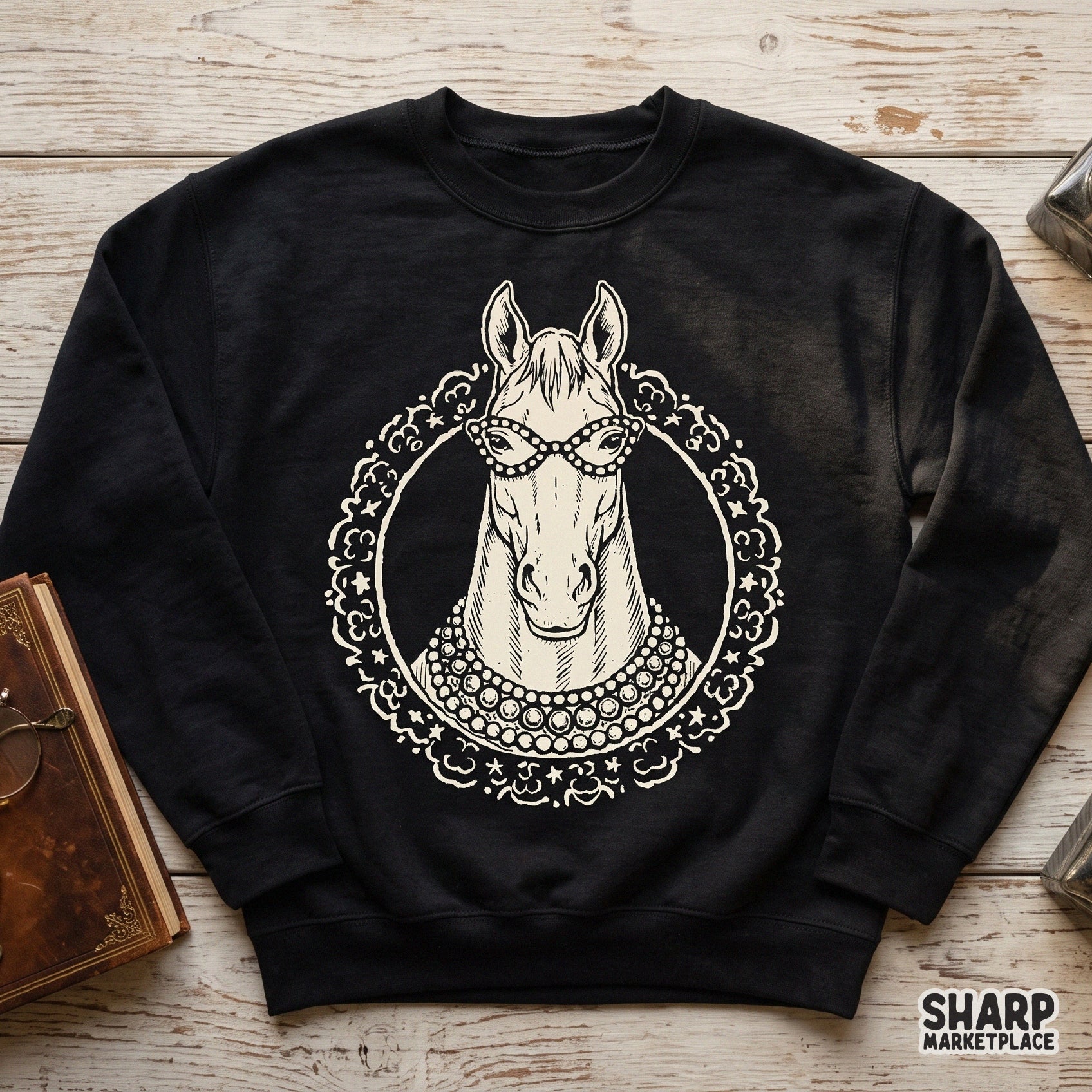 Chic glamour horse wearing a pearl necklace illustration for a vintage equestrian shirt design