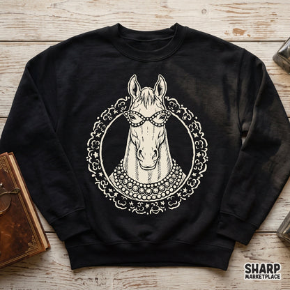 Chic glamour horse wearing a pearl necklace illustration for a vintage equestrian shirt design