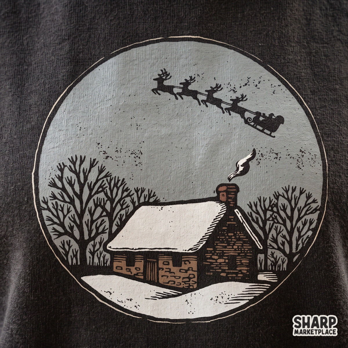 Rustic winter cabin with flying Santa sleigh block print retro Christmas PNG sublimation design for cozy t-shirts