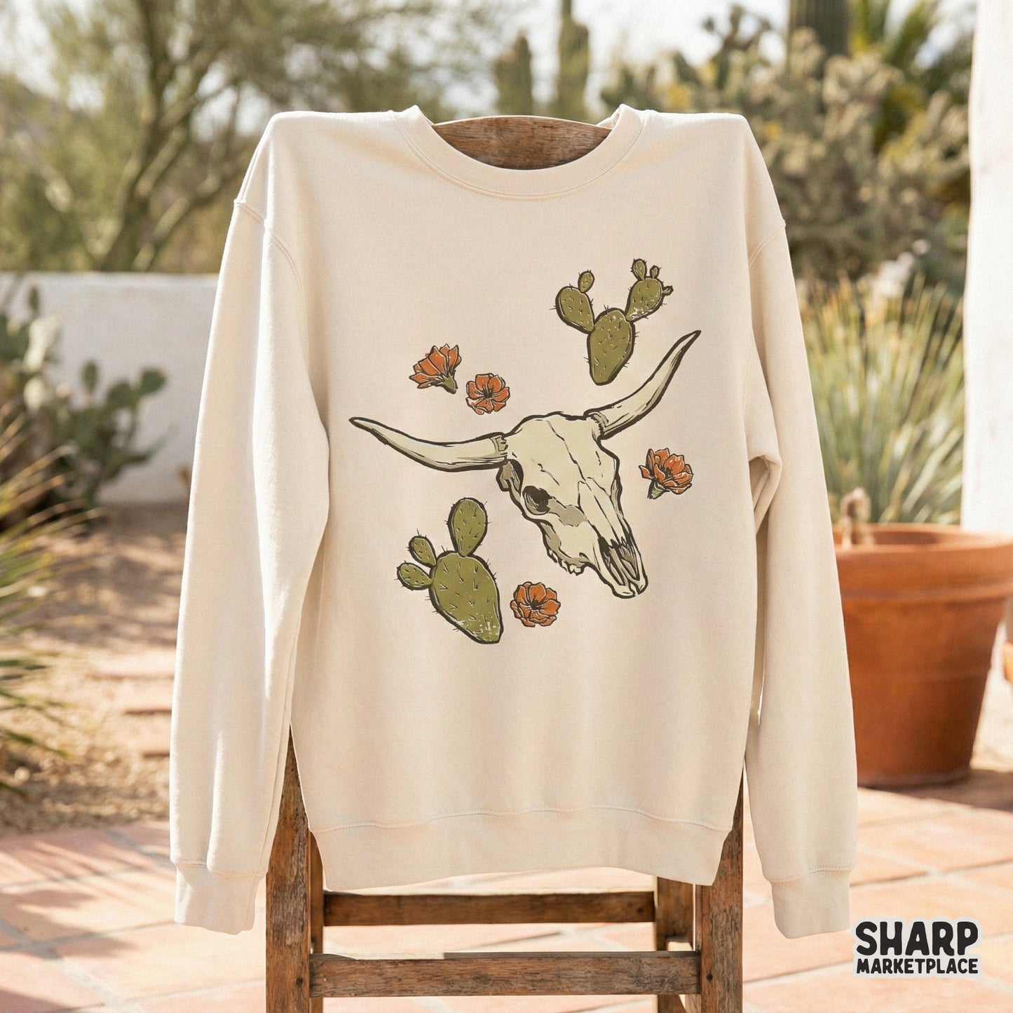 Desert Skull With Cactus And Flowers PNG, Western Sublimation - 300 DPI