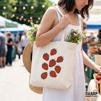 Tote bag mockup displaying a hand drawn strawberry graphic with multiple red berries, perfect for summer apparel or DIY craft designs.