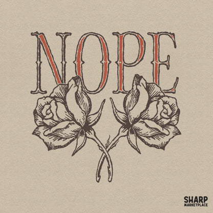 Gothic floral design featuring the word NOPE in vintage red serif font above two symmetrical, hand-drawn roses with sharp thorns.