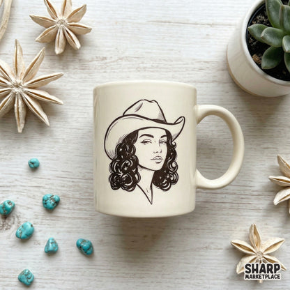 Retro style cowgirl portrait with celestial hair details, perfect for western-themed sublimation transfers, t-shirts, and custom tote bags.