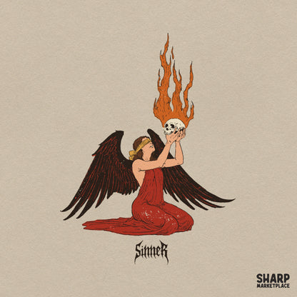 Sinner Dark Winged Angel Holding Flaming Skull DTF PNG