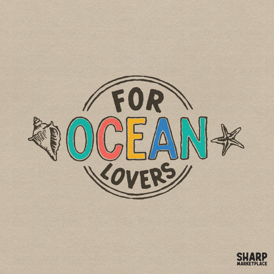 Coastal typography design reading For Ocean Lovers in colorful block letters with a shell and starfish, ideal for summer shirts and sublimation.