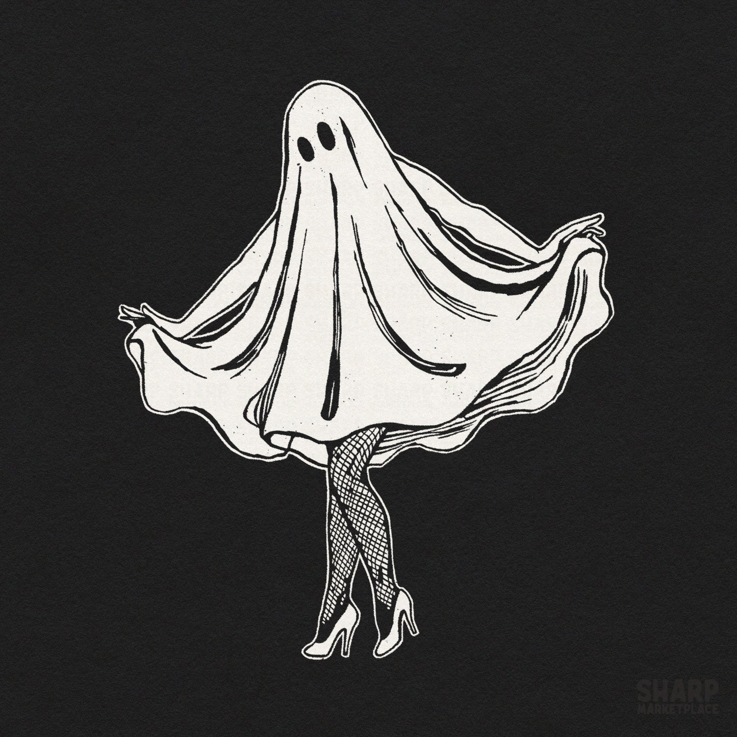 Sassy ghost wearing fishnets and high heels graphic for a spooky shirt Halloween sublimation design