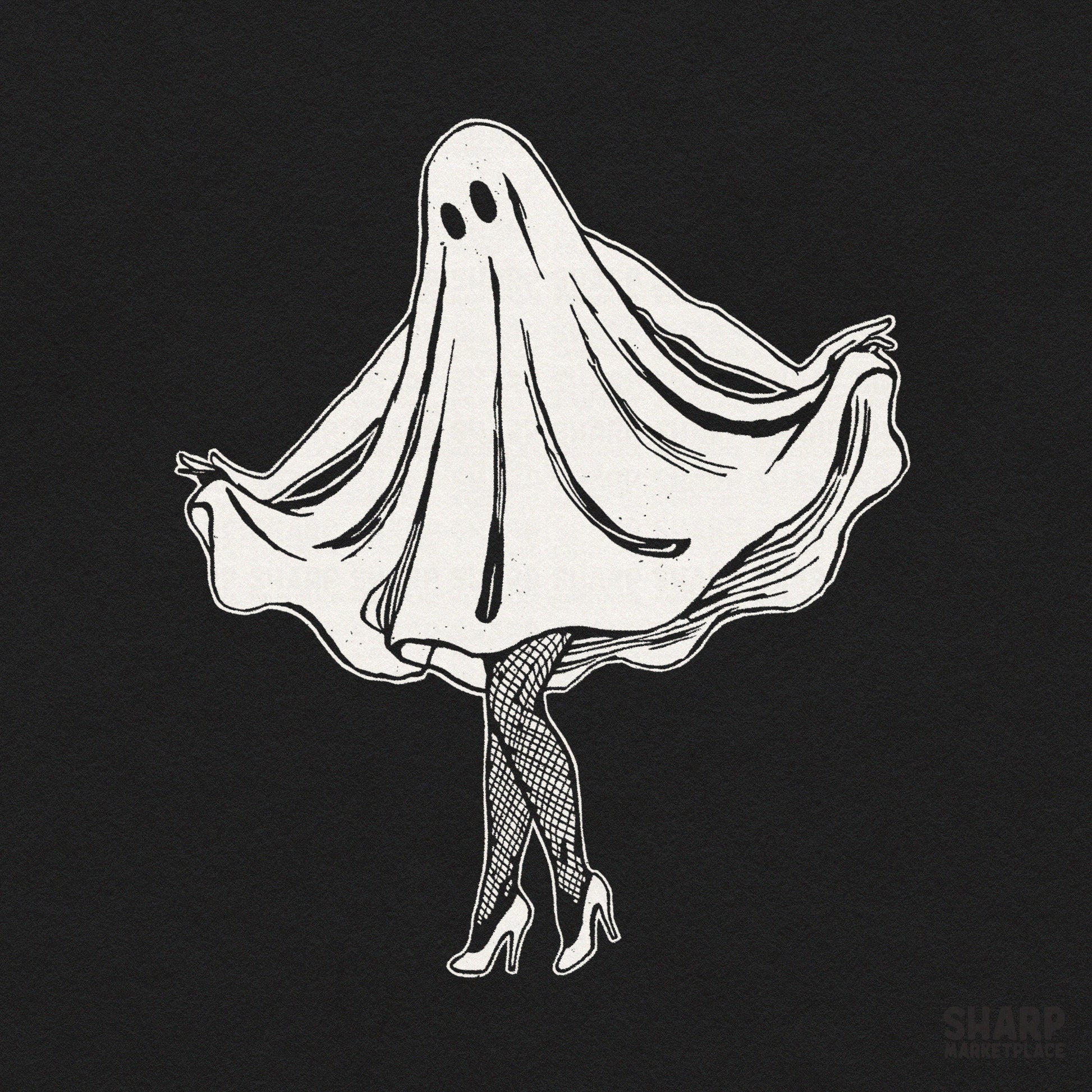 Sassy ghost wearing fishnets and high heels graphic for a spooky shirt Halloween sublimation design