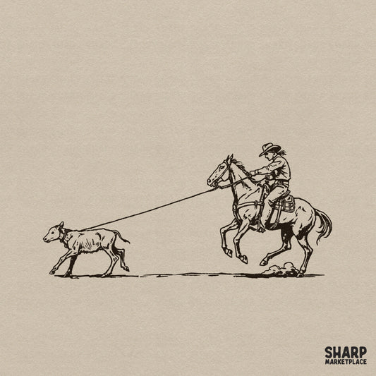Vintage hand-drawn sketch of a cowboy on a galloping horse roping a calf, monochromatic ink style western graphic for apparel and sublimation.