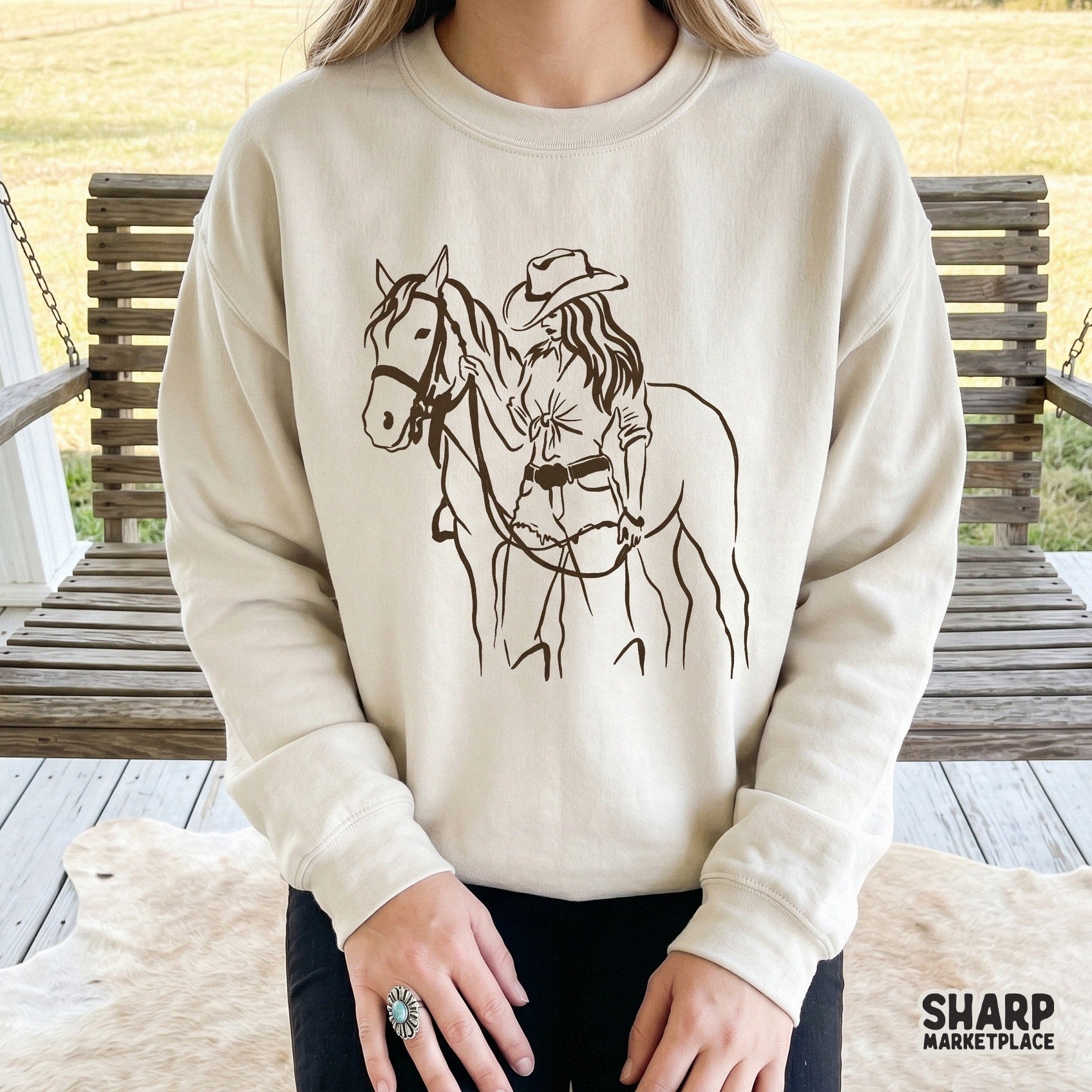 Digital download featuring a hand-drawn western illustration of a horse girl, ideal for creating unique stickers, tumblers, and rustic rodeo-style crafts.