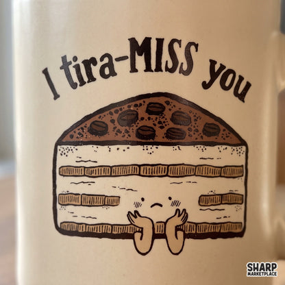 Retro tiramisu dessert graphic with I Tira-MISS You food pun, cute Valentine's Day PNG for t-shirts and apparel