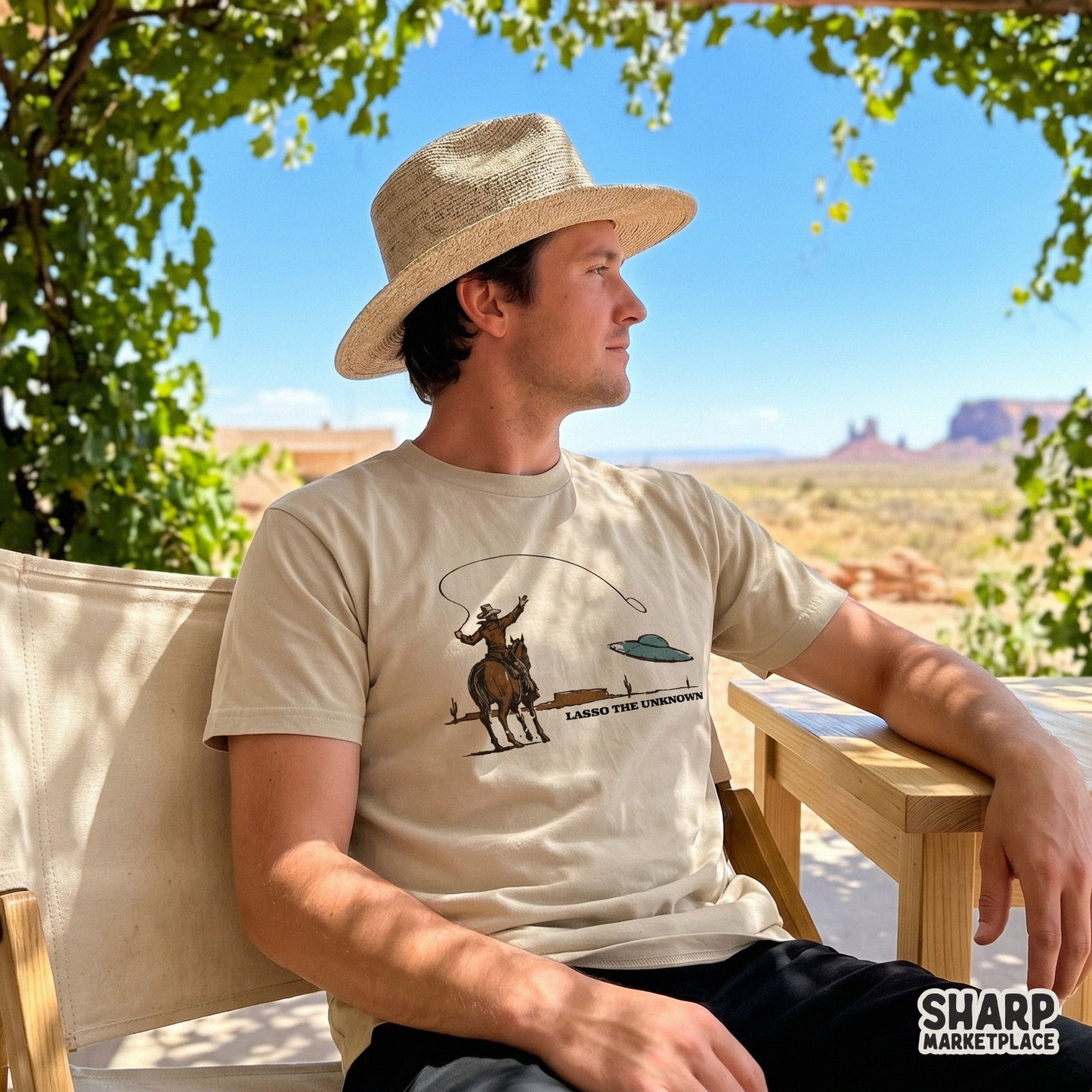 Distressed western illustration of a lone rider attempting to catch an alien spacecraft, perfect for trendy apparel and sublimation projects.
