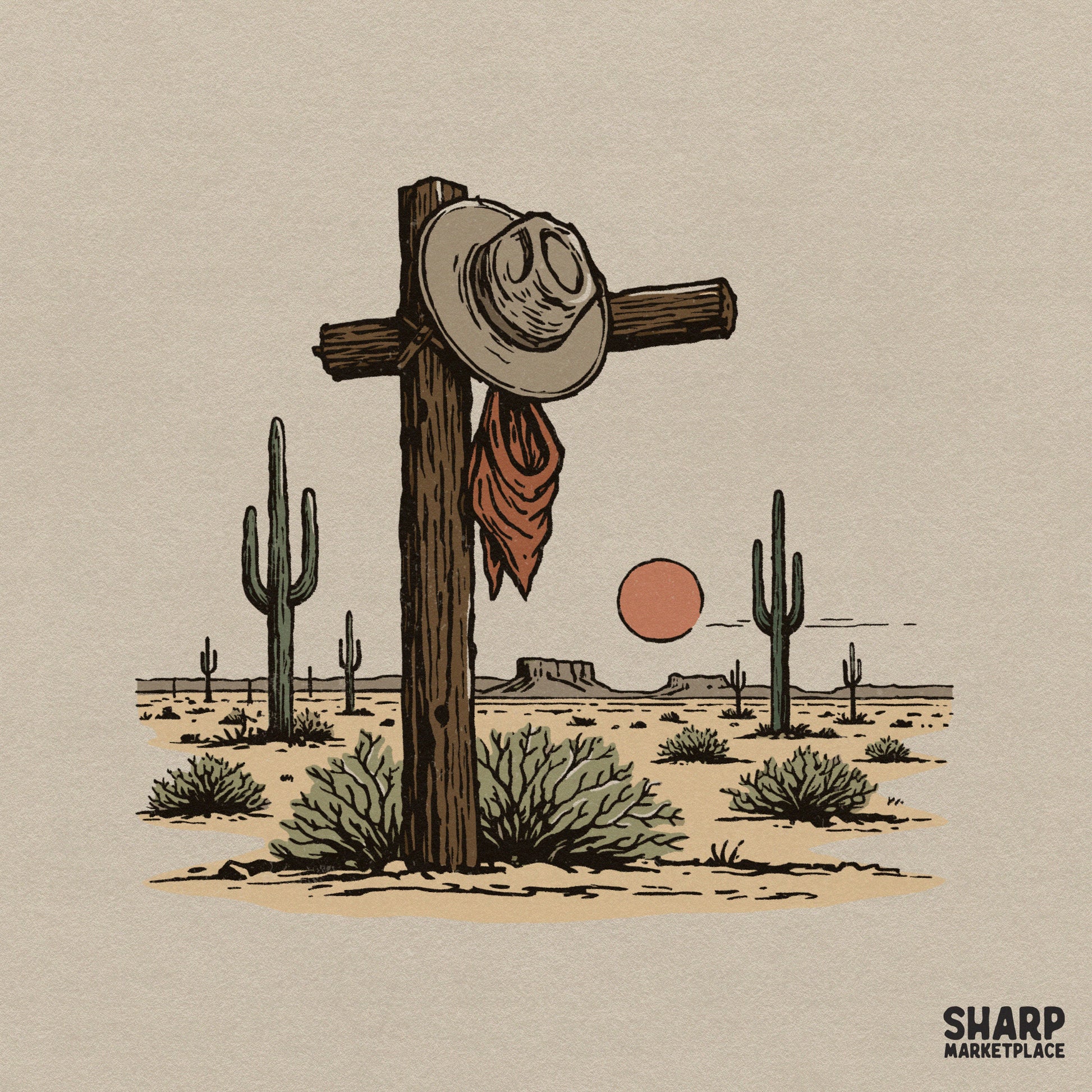 Rustic western memorial cross illustration featuring a cowboy hat and red bandana, set against a desert landscape with saguaro cacti and sunset.