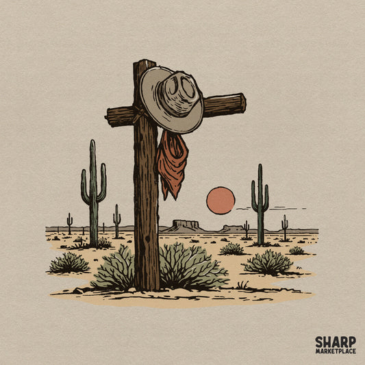Rustic western memorial cross illustration featuring a cowboy hat and red bandana, set against a desert landscape with saguaro cacti and sunset.