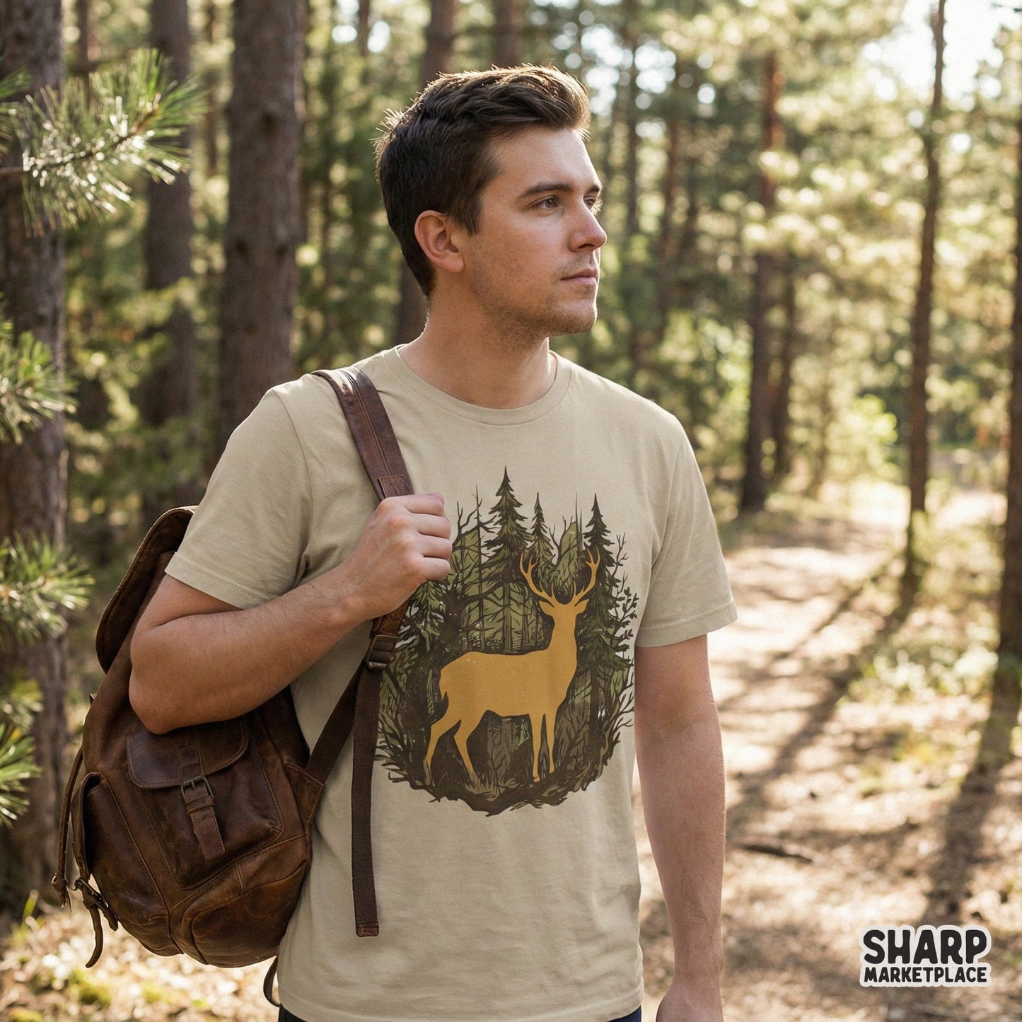 Detailed wildlife illustration of a stag standing in a dense forest, perfect for rustic t-shirt designs, hunting-themed stickers, or cabin wall art.